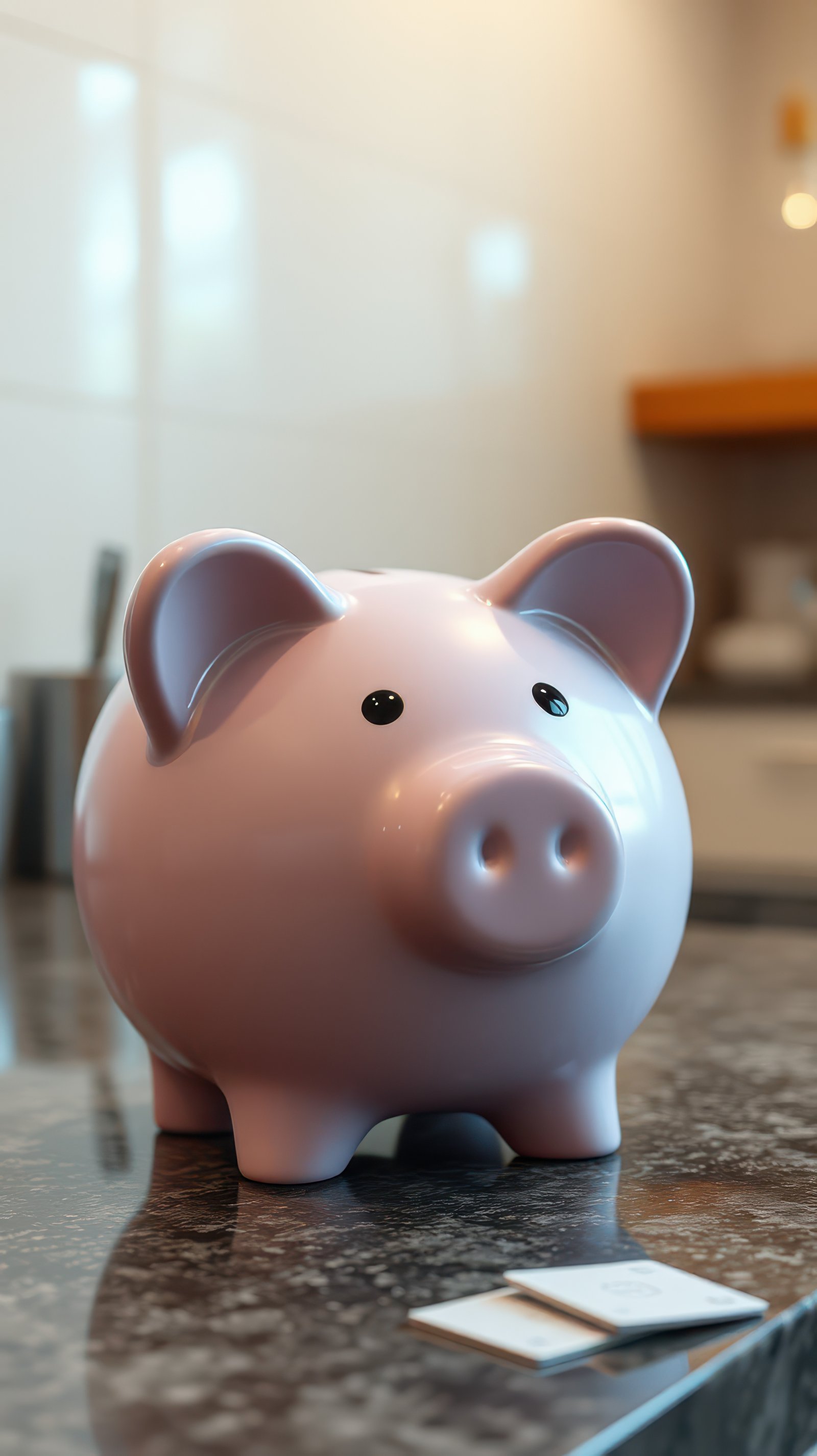Cute piggy bank on a kitchen countertop reflecting natural light during daytime